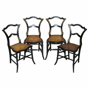 FOUR ANTIQUE REGENCY BERGERE MOTHER OF PEARL EBONISED SIDE OCCASIONAL CHAIRS  - Picture 1 of 12