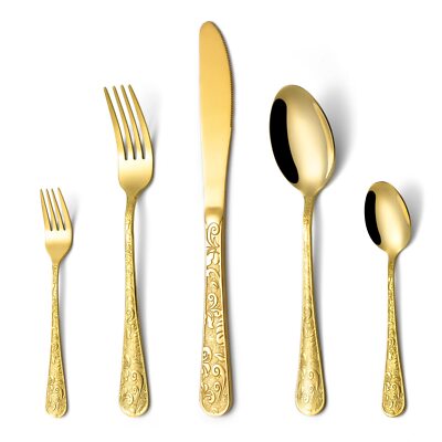 20-Piece Vintage Carved Gold Silverware Set, ...