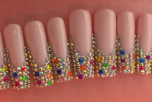 Lovful Handmade False Nail Large Coffin Nails Long Press French Tips Rhinestones - Picture 1 of 3