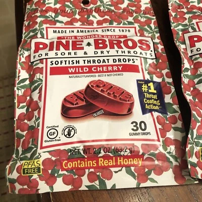 Gotas para la tos Pine Bros Wild Cherry Garganta 30 gomitas cada una caducidad 1/2026 X DOS Foto 1 de 3