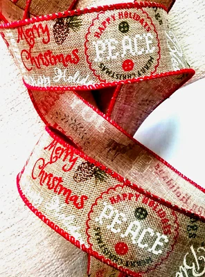 Farmhouse  Christmas 1.5" by 5 yd Wired Ribbon Country Peace Natural Canvas - Image 1 of 4