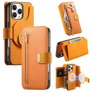 For iPhone 16 15 Pro Max 14 13 12 Leather Magnetic Stand Case +Detachable Wallet - Picture 1 of 19