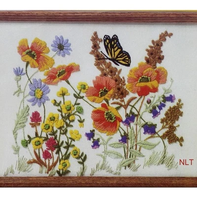 Vintage Crewel Embroidery Kit Garden Butterfly Monarch Flowers Colorful Floral - Image 1 of 4