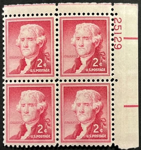 US Scott #1033, Thomas Jefferson, Liberty Series, P.B. of 4, 2¢ Stamp, MNH, VF - Picture 1 of 2