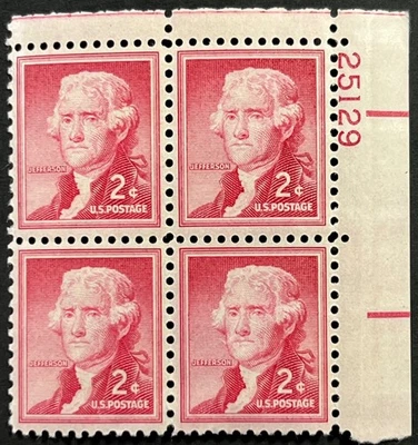 US Scott #1033, Thomas Jefferson, Liberty Series, P.B. of 4, 2¢ Stamp, MNH, VF - Image 1 of 2