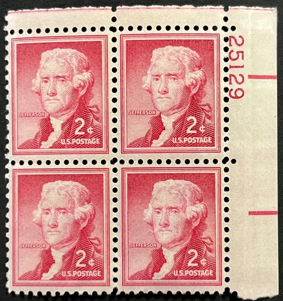 US Scott #1033, Thomas Jefferson, Liberty Series, P.B. of 4, 2¢ Stamp, MNH, VF - Image 1 of 2