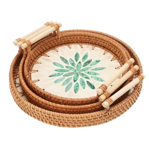 3 Pcs Rattan Tray Round Decorative Rattan Woven Serving Basket With Handles HLF - Picture 1 of 12