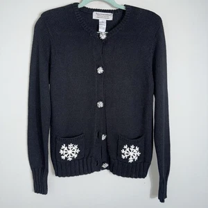 Tiara International Vintage Winter Holiday Sweater-Black Snowflakes-Medium - Picture 1 of 7
