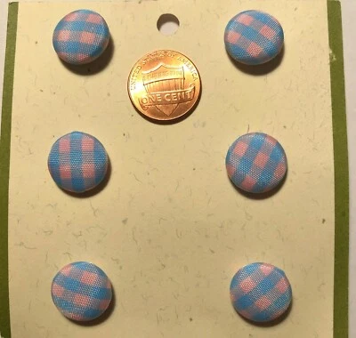 Set of 6 MIDORI Fabric Covered Domed Shank Buttons Blue Pink 5/8" 15.5mm 9928 - Image 1 of 2