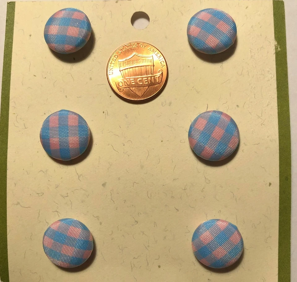 Set of 6 MIDORI Fabric Covered Domed Shank Buttons Blue Pink 5/8" 15.5mm 9928 - Image 1 of 2