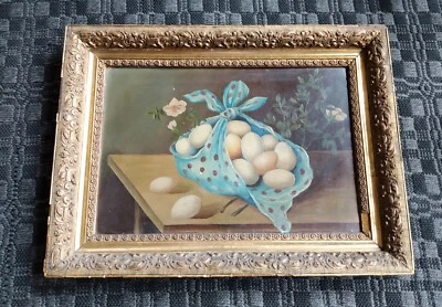Antique Folk Art Blue Dot Handkerchief & Eggs Primitive Still Life Oil Painting - Image 1 of 4