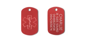 Médaille ALERTE MEDICALE Chien Chat modèle ROUGE 38X22 mm. GRAVURE GRATUITE - Picture 1 of 1