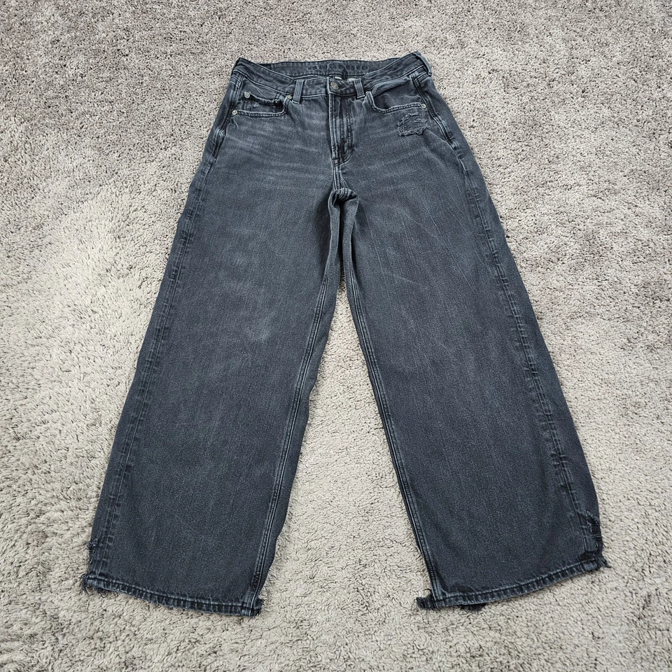 American Eagle Jeans Women 6 Long Black Wide Leg Baggy High Ankle Stretch 26x27 - Image 1 of 4