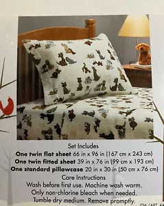 Twin Flannel Sheet Set 100% Cotton Dog Print 3 Piece Divatex Home Fashions Cute - Picture 1 of 12