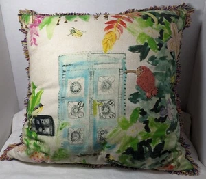 18" Pillow Handmade Hand Painted Embroidery Signed Vintage Cushion Cottage Core - Imagen 1 de 5