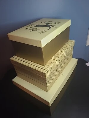 3 Christmas Nesting Gift Boxes Holiday Golden Reindeer stars Storage Gift - Image 1 of 4