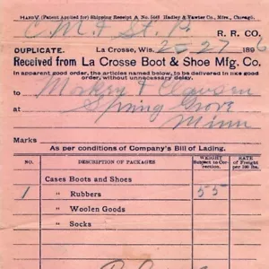 1896 La Crosse, Wis. Bota y Zapato Tren Recibo CM&StP Ferrocarril Spring Grove MN R2 - Imagen 1 de 3