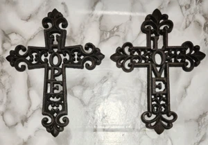 Pair Of CAST IRON CROSSES Fleur De Lis WALL HANGING DECOR Hope and Love In Cross - Picture 1 of 10
