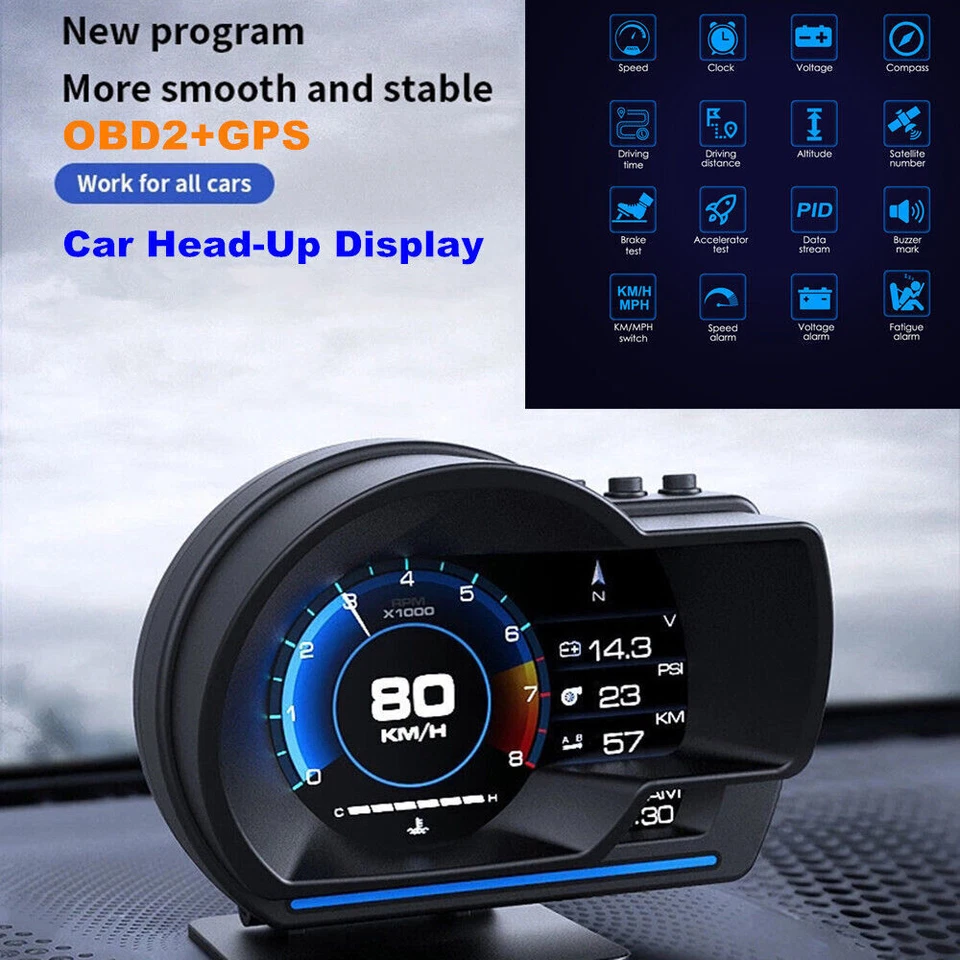 Coche OBD2 + GPS HUD Multi Calibre Head-Up Pantalla Digital Velocímetro Turbo RPM Alarma Foto 1 de 4