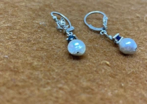 14CT 14 CARAT WHITE GOLD PEARL & SAPPHIRE PAIR EAR RINGS DANGLE DROP STYLE 2.4G - Picture 1 of 3