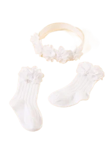 Conjunto de calcetines y cinta para el pelo de bebé blanco estampado floral elástico antideslizante elegante - Imagen 1 de 1