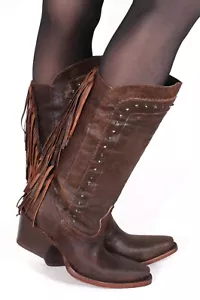Damenstiefel Cowboystiefel Retro Western Braun Fransen Catalan Style Leder 41 - Bild 1 von 6