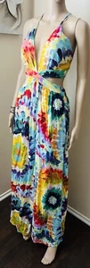 NWT FASHION NOVA Rainbow Floral Print Maxi Dress Strappy Back Side Summer sz M - Picture 1 of 6