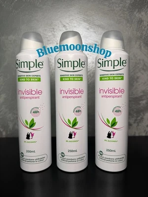 3 x 250ml SIMPLE Invisible Antiperspirant Deodorant Spray Alcohol Free - Image 1 of 2