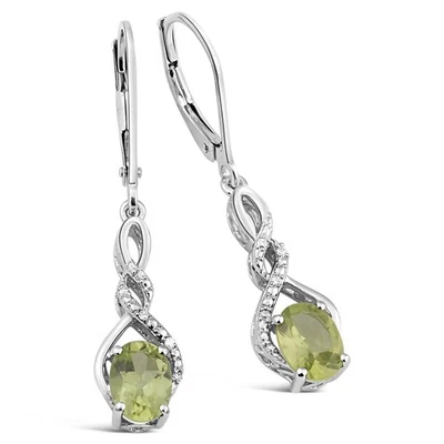 Peridot Earrings Dangle with Diamond Accent in Sterling Silver - Lever Backs - Image 1 of 3
