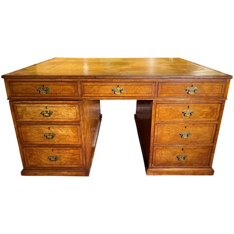 19th Century English Birdseye Maple Partners Desk with Tooled Leather Top Cover