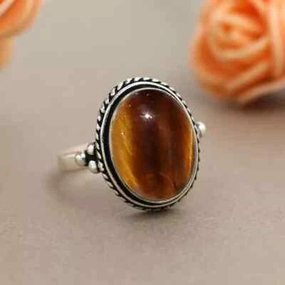 Anillo de plata de ley 925 con piedras preciosas ojo de tigre joyas de Navidad todas las tallas AG 90 Foto 1 de 4