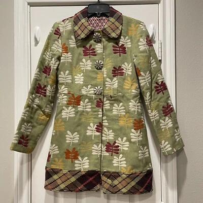 Abrigo sin marca para mujer talla 2 hojas verdes a cuadros artístico colorido cuello Peter Pan Foto 1 de 4