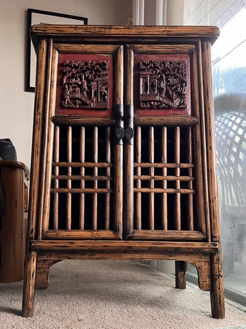 19th Century Chinese Cabinet Guilt Fretwork Motif Carved Wood Asian Chinoiserie Cover