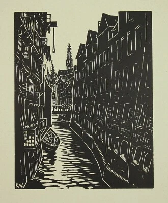 Klaus Wrage (1891-1984) Holzschnitt FLEET MIT BLICK AUF ST. NICOLAI um 1935 - Bild 1 von 2