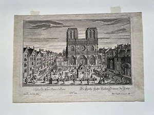 Grabado antiguo siglo XVIII de Notre Dame París, pub Martin Engelbrech - Imagen 1 de 6