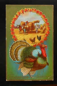 1910 Erntedankgrüße Truthahn Ochsen gezogen Heuwagen Landwirtschaft Bauernhof Ernte PC - Bild 1 von 1