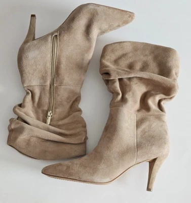 Vince Camuto Sonbela Mid Calf Suede Boots Slouchy Side Zip Taupe 9M - Image 1 of 4