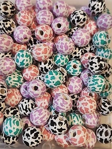 12Pcs Mixed Colors Cow Print Round Wooden Beads 16mm DIY Focal Pink Black Purple - Picture 1 of 1