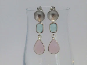 Lange Ohrringe Ohrstecker Silber Kristall Anhänger Tropfen Rosa Opal Aqua - Bild 1 von 8