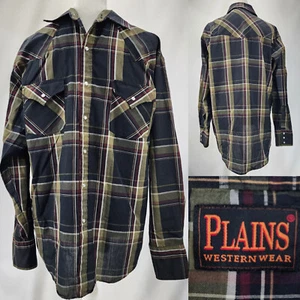 Plains Western Wear Men Large Pearl Snaps Snap Button Long Sleeve Black Olive - Picture 1 of 8