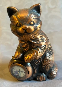 COPPER BRONZE CAT FIGURE ~ XANADU QUARTZ MINI FISH BOWL DESK CLOCK ~ HONG KONG - Picture 1 of 10