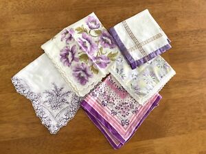 Purple Cotton Hankies Vintage 1950s Mixed Lot 5 Floral Handkerchief Hanky