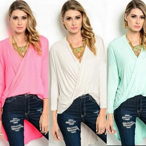 PINK BEIGE GREEN CASUAL WRAP FRONT DRAPE BACK RAYON 3/4 SLEEVE TOP BLOUSE M NEW - Picture 1 of 9