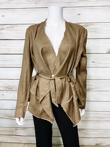 Free People Womens Belted Jacket Size S Brown Asymmetrical Raw Hem Linen Blend - Picture 1 of 7