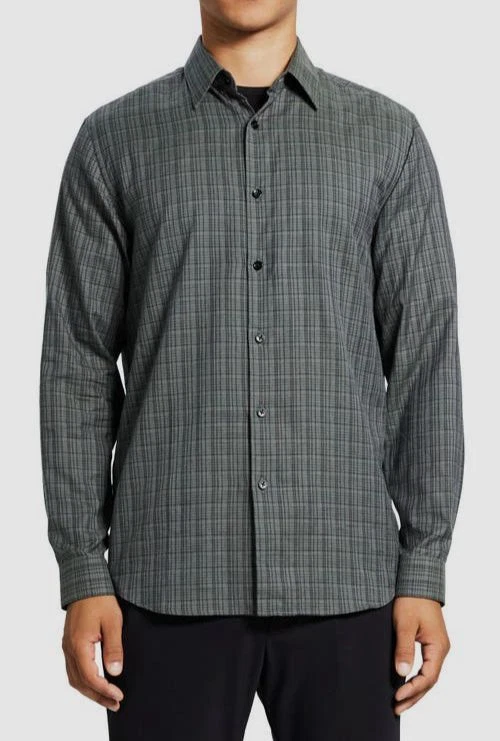 Theory Men Gray Irving Cotton Slim Plaid Flannel Button-Up Shirt Size L