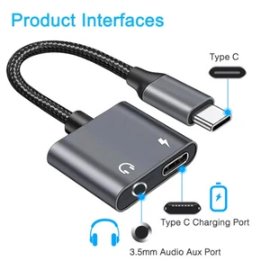 Dual USB C Headphone and Charger Adapter Splitter 2-in-1 Type C Audio Adapter - Picture 1 of 25