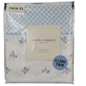 Set lenzuola Laura Ashley TWIN XL blu rosa floreale Harperette cotone percalle - Foto 1 di 3