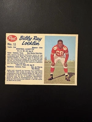 1962 POST CEREAL CFL FOOTBALL CARD #11 BILLY RAY LOCKLIN HOF NRMT RARE! - Image 1 of 2