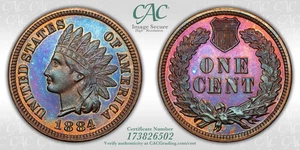 1884 1C CACG PR66BN CAC Rainbow Toned Indian Penny Cent 173826502 - Picture 1 of 3