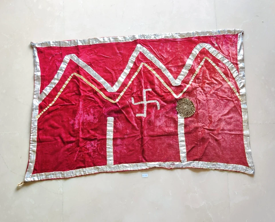 Antique Red Velvet Print Cloth Temple Carpet Retro Decorative Silver Zari CL318 - Image 1 of 4